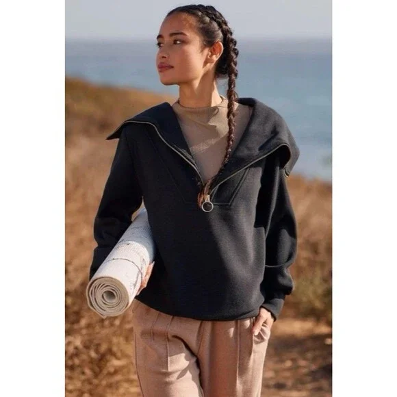 Varley Vine Half Zip Ribbed Ottoman Oversized Pullover Sweatshirt Black Size XS - Picture 1 of 9